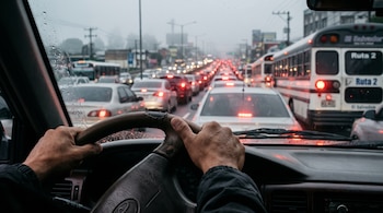 Manos sobre el volante de un vehículo frente a un parabrisas con gotas de agua y una hilera de automóviles y autobuses detenidos en la calle.
