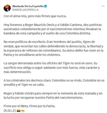 Abelardo de la Espriella, aspirante a la presidencia y líder de la estrategia electoral de víctimas, reaccionó con un mensaje enfático desde sus redes sociales tras conocer lo ocurrido la noche del 15 de mayo de 2026 - crédito @ABDELAESPRIELLA/X