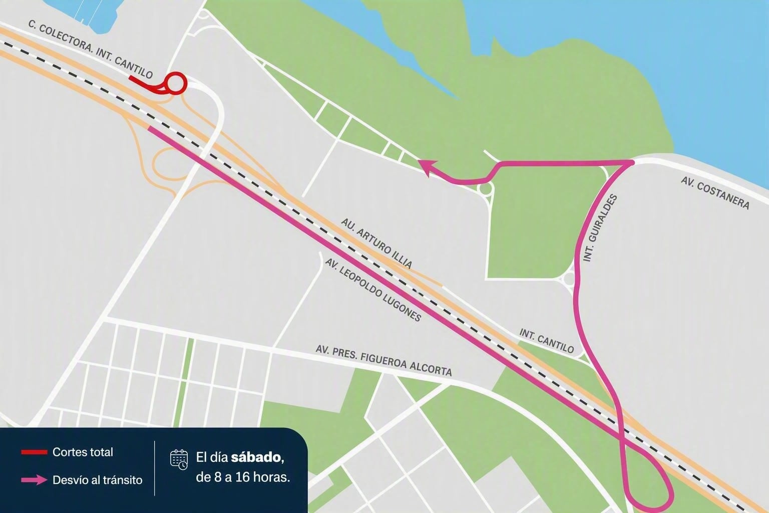 La colectora de Cantilo a la altura de River permanece cerrada el sábado entre las 8 y las 12