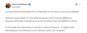 La congresista Sara Castellanos celebró la decisión del Senado de aprobar el traslado del Congreso para la posesión de Abelardo de la Espriella - crédito @sarag12/X