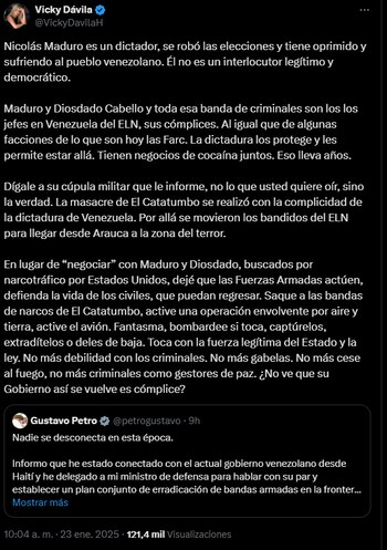 Vicky Dávila habló sobre la responsabilidad de Nicolás Maduro en la situación de orden público en Norte de Santander - crédito: @VickyDavilaH/X