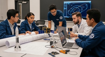 Cinco personas en una mesa con planos, un cohete, modelos de satélites CubeSat, componentes electrónicos, computadoras portátiles y una pantalla con trayectoria orbital.