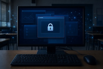 Un monitor de computadora muestra un icono de candado, un teclado y un ratón sobre un escritorio en una sala oscura.