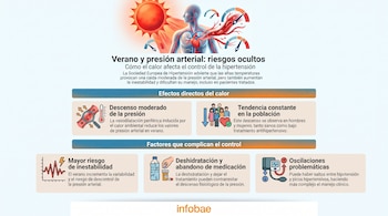 Infografía muestra un sol, una figura humana con sistema circulatorio, medidores de presión arterial y seis paneles informativos con iconos; logo Infobae.
