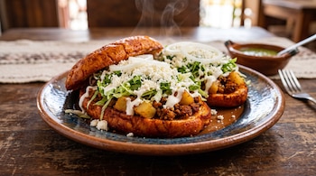 Dos pambazos en un plato con relleno de papa y chorizo, lechuga, crema, queso y cebolla.