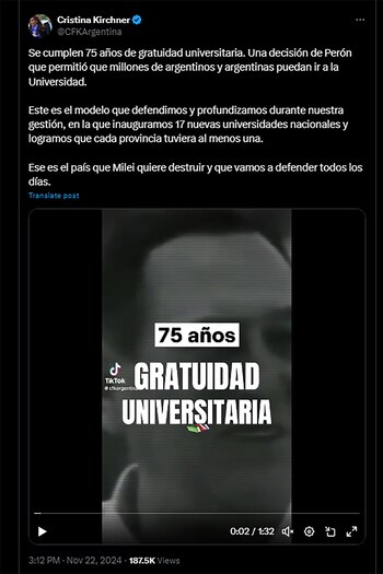 El tuit de CFK sobre la universidad pública