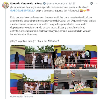 El gobernador del Atlántico, Eduardo Verano, celebró el anuncio de destrabar el megaproyecto del Canal del Dique y resaltó su impacto para el desarrollo regional. - crédito @veranodelarosa/X