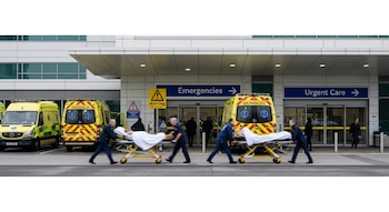 Entrada de hospital, dos ambulancias amarillas estacionadas, dos camillas con pacientes cubiertos siendo empujadas por personal médico, letreros de Emergencias y Urgent Care.
