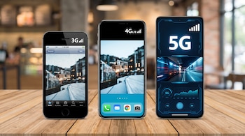 Tres teléfonos móviles, uno muestra 3G, otro 4G LTE y el tercero 5G en sus pantallas, colocados sobre una superficie de madera.