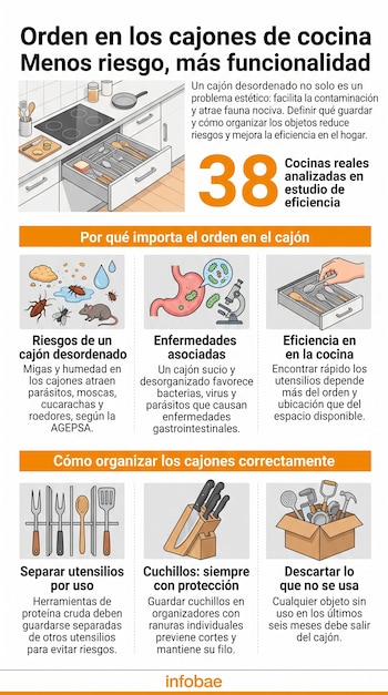 Infografía con ilustraciones sobre higiene en la cocina, prevención de plagas, orden de utensilios y cuchillos, con el logotipo de Infobae.