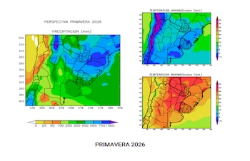 Mapas de perspectivas climáticas para la primavera 2026 en la zona agrícola núcleo de Argentina