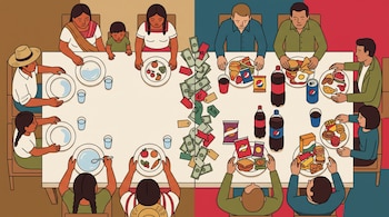 Ilustración de personas en una mesa dividida por billetes, con platos casi vacíos a la izquierda y comida procesada a la derecha.