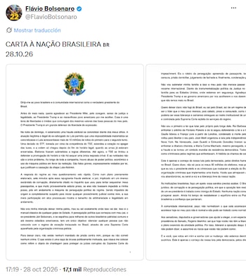 Captura de pantalla de una publicación en la red social X con dos páginas de texto y el escudo de armas de Brasil