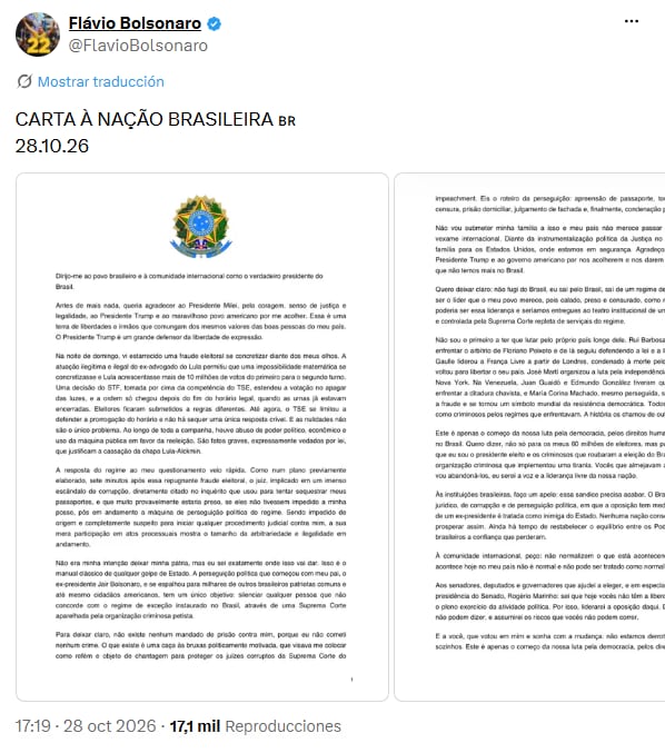 La publicación en la red social X del político brasileño Flávio Bolsonaro