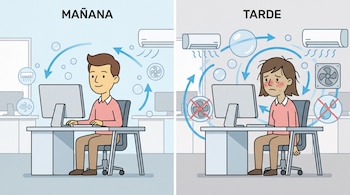 Ilustración dividida en dos partes con un trabajador sonriente por la mañana y deslucido por la tarde junto a íconos de aire acondicionado.