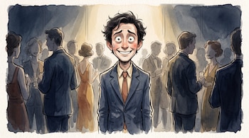 Ilustración en acuarela de un hombre que sonríe con una gota de sudor en la cara entre personas vestidas de etiqueta.