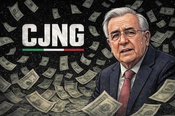 Caricatura de Rubén Rocha Moya sudoroso, con el logo CJNG y franja tricolor, rodeado de billetes mexicanos cayendo sobre fondo oscuro.