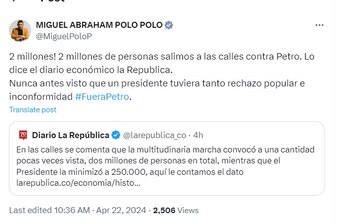 Miguel Polo Polo celebró que dos millones de personas hayan salido a marchar contra el Gobierno nacional - crédito @MiguelPoloPMiguel Polo Polo celebró que dos millones de personas hayan salido a marchar contra el Gobierno nacional - crédito @MiguelPoloP