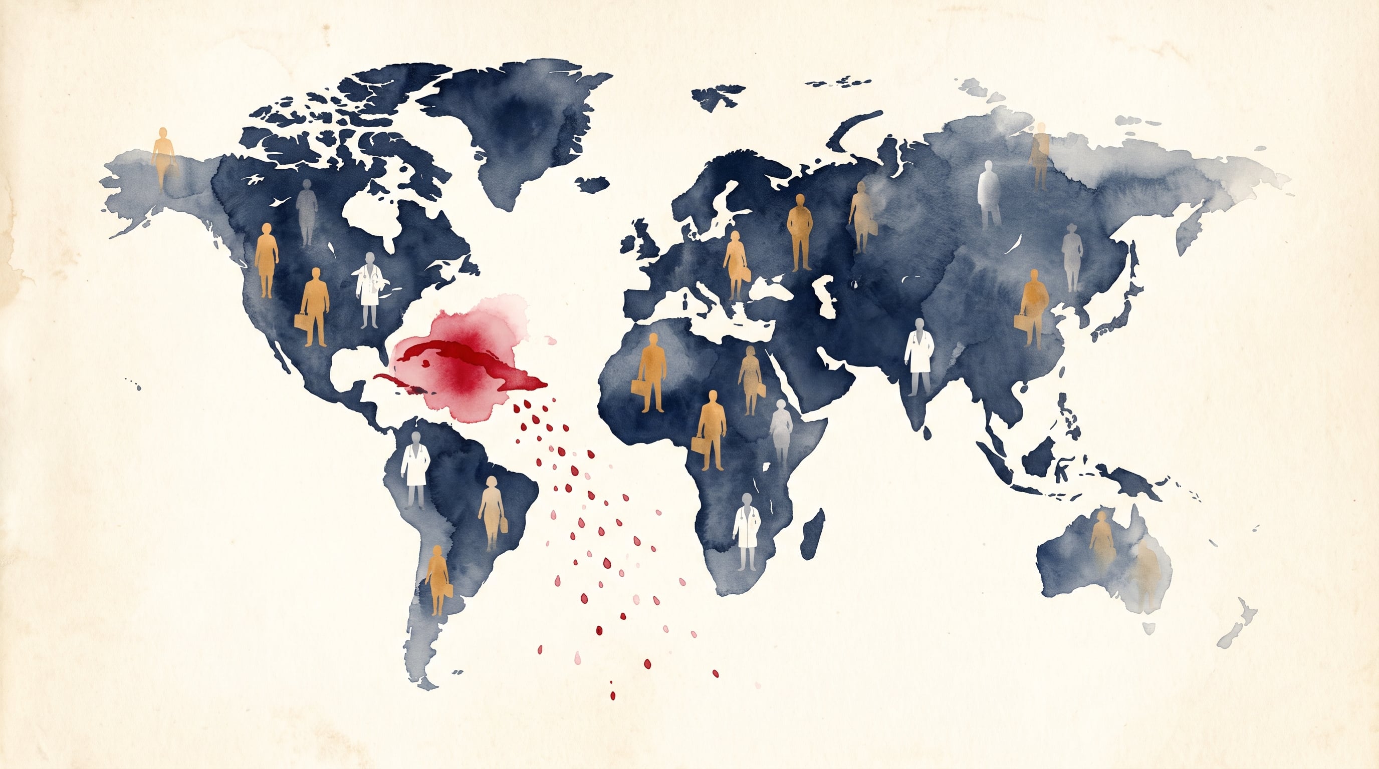 Un mapa mundial con figuras de profesionales y médicos señala el flujo migratorio desde Cuba. (Imagen Ilustrativa Infobae)