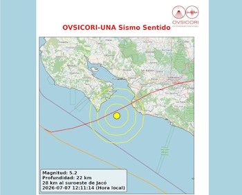 El epicentro del sismo se ubicó a 28 kilometros al suroeste de Jacó. Crédito: OVSICORI