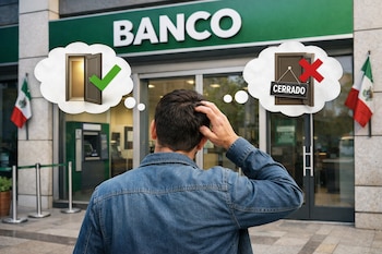 Vista trasera de un hombre con chaqueta de mezclilla frente a un banco, con burbujas de pensamiento mostrando una puerta abierta y una cerrada. Se ven banderas de México.