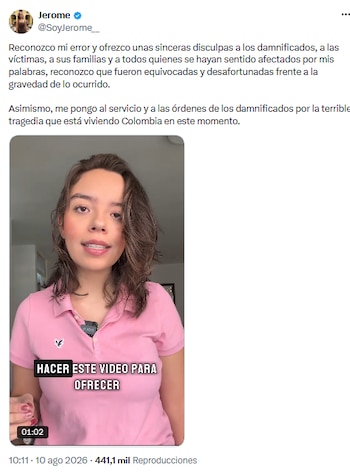 Jerome Sanabria ofrece disculpas por mensaje sobre Javier Milei y el sismo en Colombia - crédito @SoyJerome__/X