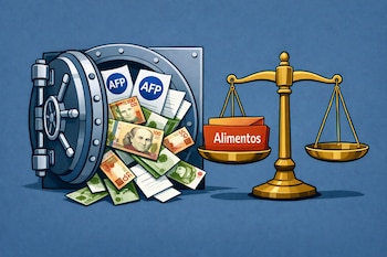 Ilustración de una bóveda bancaria abierta con billetes peruanos de 100 y 50 soles y documentos con el logo AFP desbordándose. A su derecha, una balanza de la justicia con un sobre rojo rotulado "Alimentos" en un platillo.