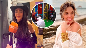 Una mujer con sombrero negro sostiene un micrófono, otra mujer posa en una playa y un círculo al centro muestra a varias personas en un cuarto.