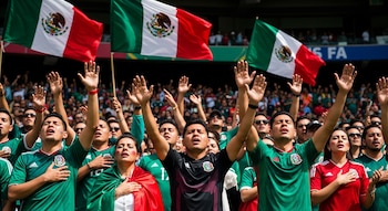 Multitud de aficionados de la selección mexicana en un estadio. Hay camisetas verdes y rojas, banderas de México, manos levantadas y manos al pecho.