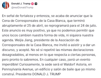 Captura de pantalla de una publicación de Truth Social de Donald J. Trump, con texto largo en español anunciando su asistencia a la Cena de Corresponsales