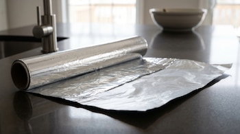 Primer plano de un rollo de papel de aluminio desplegado sobre una encimera oscura en una cocina moderna, mostrando sus lados brillante y opaco.