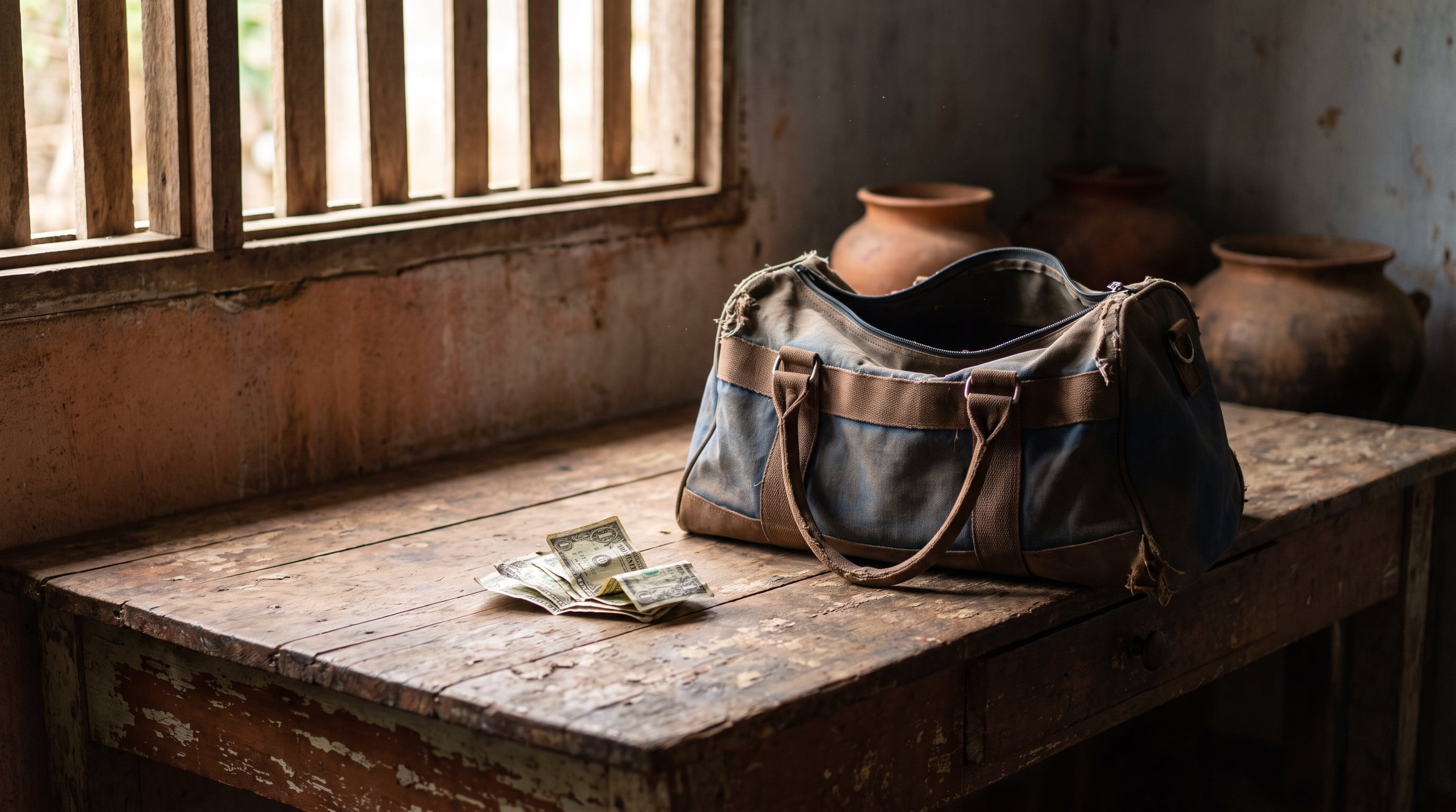 Un bolso desgastado y varios billetes de dólar estadounidense reposan sobre una mesa de madera dentro de una vivienda en América Central. (Imagen Ilustrativa Infobae)