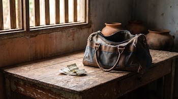 Un bolso de tela gastado y varios billetes de dólar arrugados sobre una mesa de madera frente a una ventana con barras de madera.