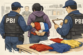 Dois policiais do PBI seguram uma pessoa escondida sob o casaco, enquanto outro funcionário escreve em um quadro branco. As roupas sem marca estão sobre a mesa.