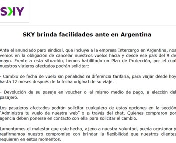 Comunicado de Sky donde anuncian