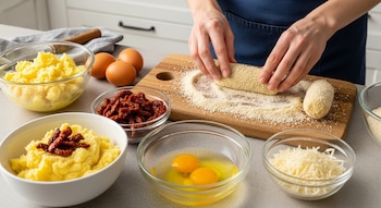 Manos forman croquetas de puré de papa sobre una tabla. Hay cuencos con puré, tomates secos, huevos y queso rallado en una encimera de cocina.