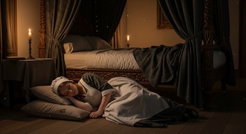 Una joven mujer duerme sobre dos almohadas en un suelo de madera. Junto a ella, una cama con dosel y cortinas. Dos velas encendidas sobre mesitas de noche.