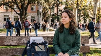 Joven sentada en un banco de madera con los ojos cerrados, junto a una mochila con cuadernos y una computadora en un campus universitario.