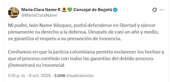 La concejal Name reaccionó a la liberación de su padre vía X la tarde del viernes 9 de octubre - crédito @MariaClaraName/X