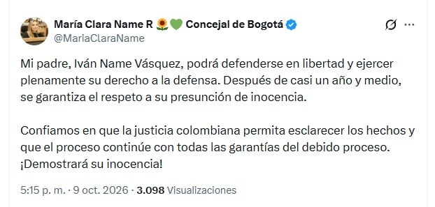 La concejal Name reaccionó a la liberación de su padre vía X la tarde del viernes 9 de octubre - crédito @MariaClaraName/X