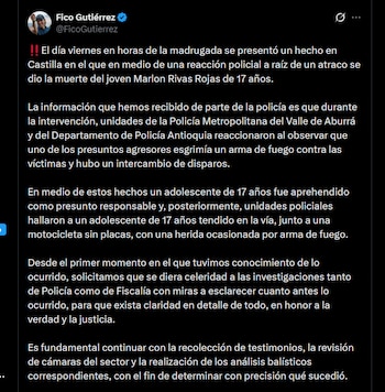 El alcalde de Medellín, Federico Gutiérrez, solicitó a la Fiscalía y a la Policía Nacional avanzar en las investigaciones para esclarecer la muerte del joven - crédito X