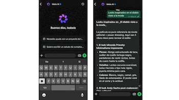 Dos imágenes de pantallas de smartphone con la interfaz de Meta AI. La pantalla izquierda muestra un saludo, la derecha, consejos de moda