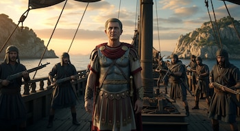 Hombre con armadura en barco de madera. Varios hombres con ropa oscura y rifles lo rodean. El barco navega entre islas rocosas bajo un cielo al atardecer.