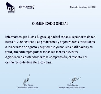 Texto de un comunicado oficial con firmas y logotipos institucionales sobre la suspensión de los espectáculos de Lucas Sugo