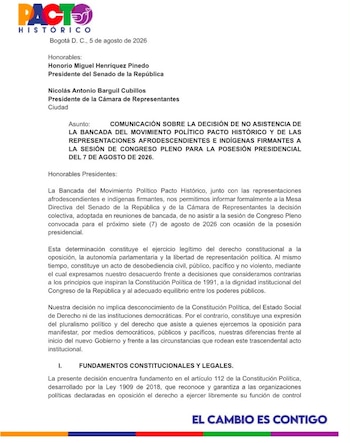 Comunicado del Pacto Histórico en el que la bancada informó que no asistirá a la posesión presidencial de Abelardo De la Espriella y explicó los motivos de su decisión - crédito Pacto Histórico