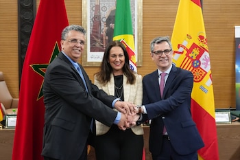 El ministro de la Presidencia, Justicia y Relaciones con las Cortes, Félix Bolaños, con sus homólogos de Portugal y Marruecos, Rita Júdice y Abdellatif Ouahbi. (Ministerio de Justicia / Europa Press)