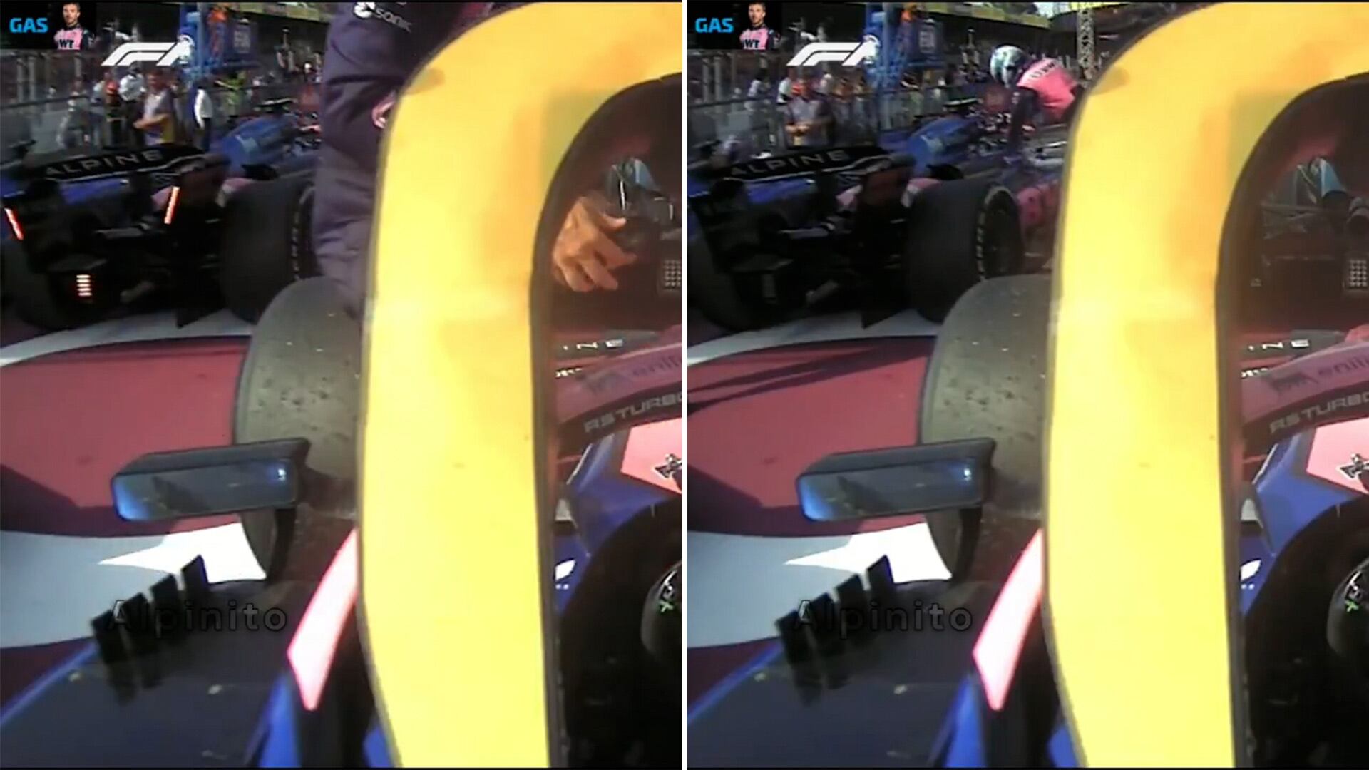 La prueba de que se trató del corta corriente: a la izquierda, las luces que titilan en el auto de Colapinto y a la derecha ya no aparecen luego de la intervención de Gasly