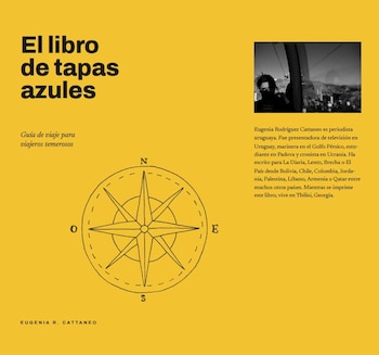 Diseño sobre fondo amarillo con el título de un libro, una rosa de los vientos, un texto biográfico y una fotografía en blanco y negro