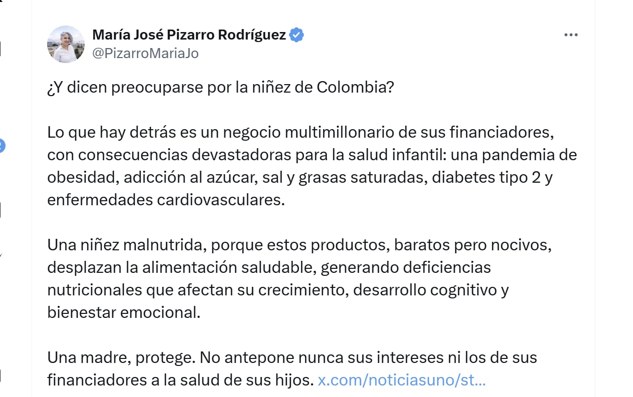 La congresista María José Pizarro criticó la postura de Miguel Uribe con respecto a los impuestos saludables - crédito @PizarroMariaJo/X
