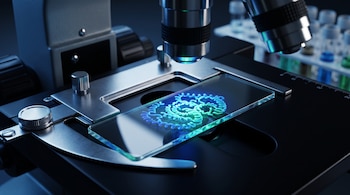 Un portaobjetos de vidrio con formas en espiral sobre la platina de un microscopio, con el objetivo encima y tubos de ensayo al fondo.